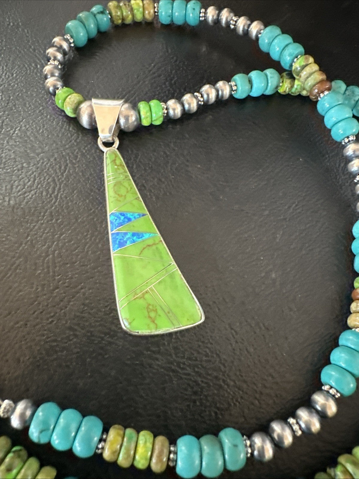 Blue Green Turquoise  Gaspeite Pendant Navajo Sterling Silver Necklace 19665
