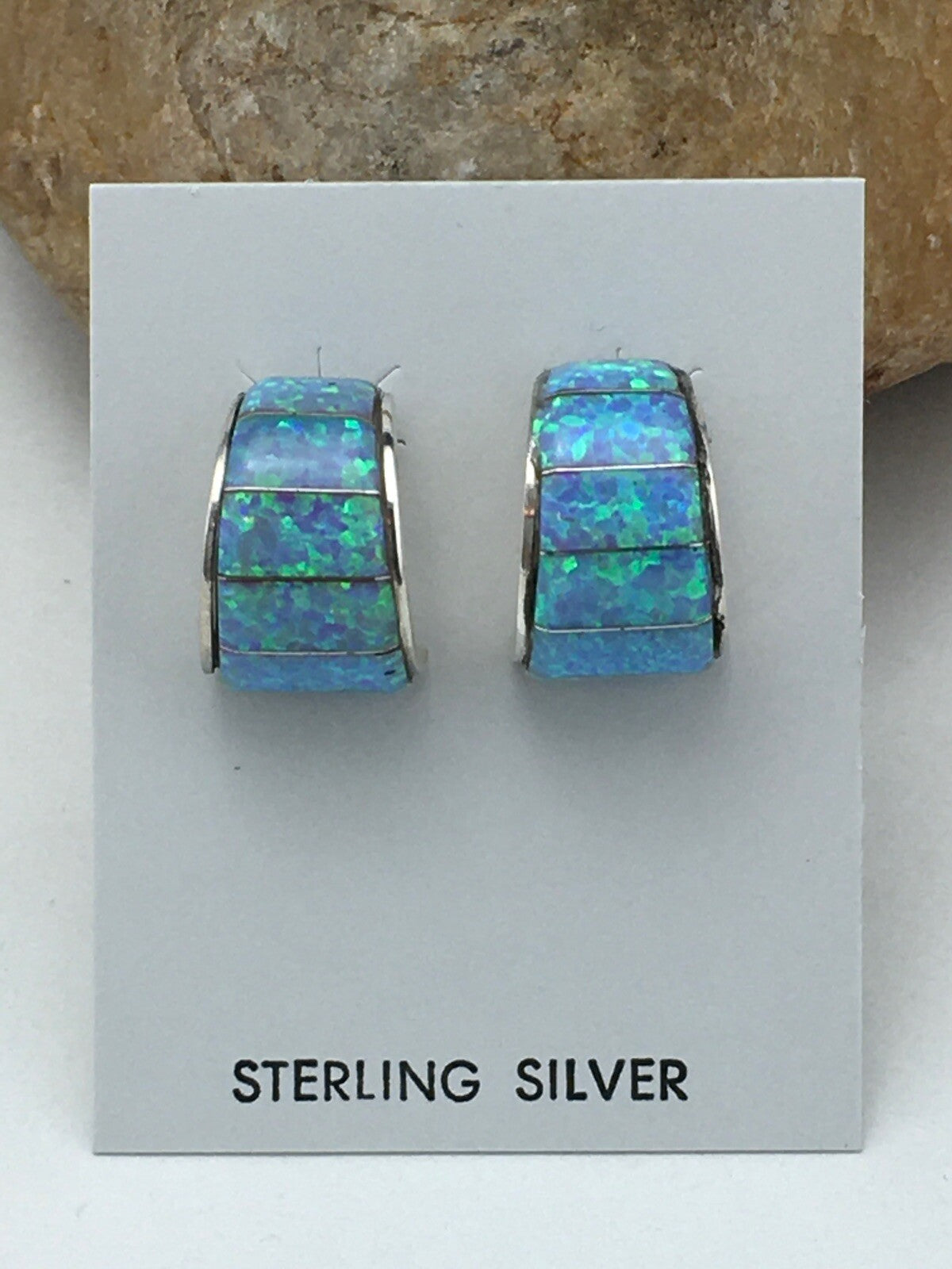 Native American Blue Opal Navajo Sterling Silver Earrings 0.5” 4740
