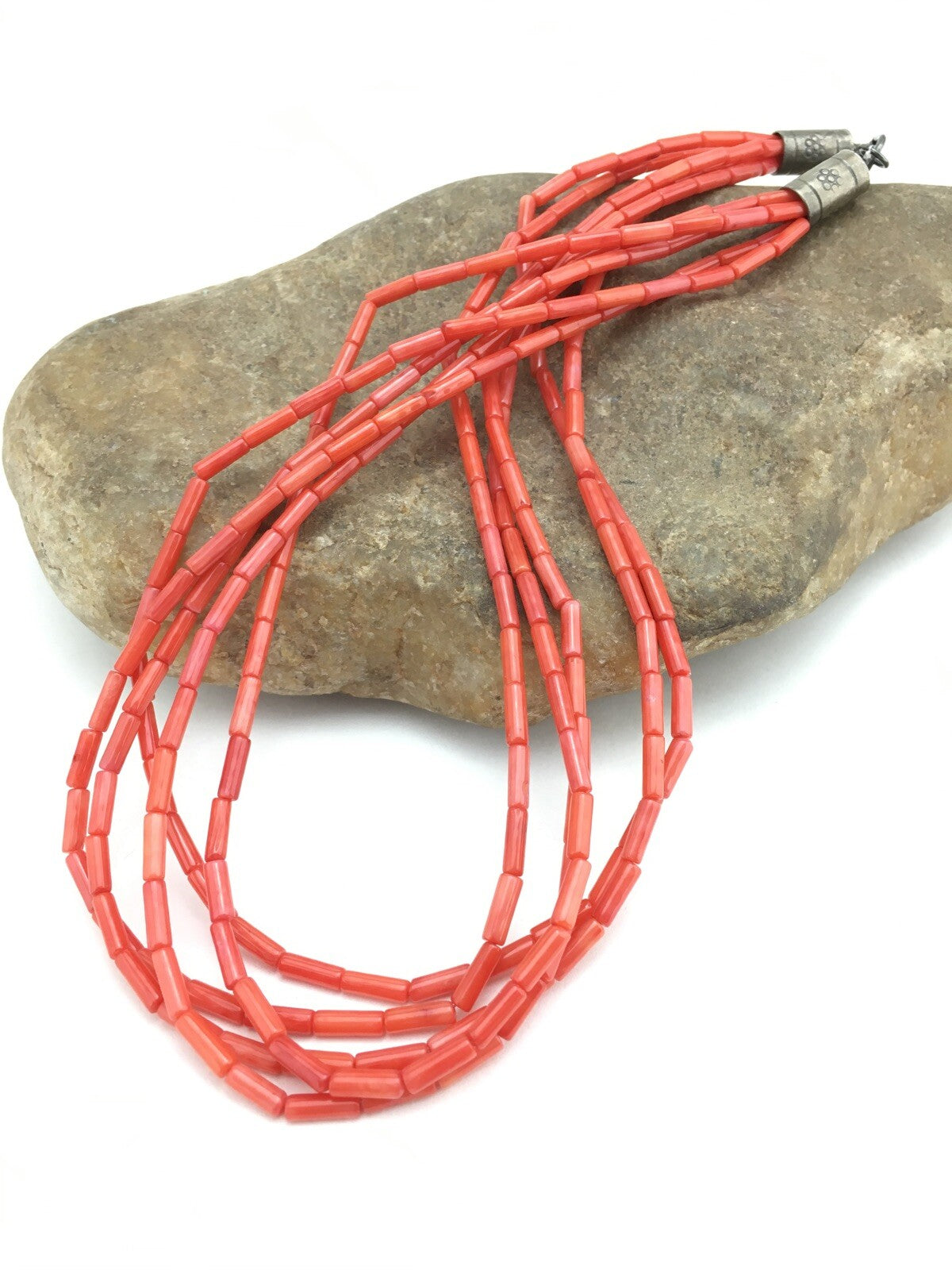 Orange Coral Tube Heishi Bead 5 Strand Navajo Sterling Silver Necklace 19" 1108
