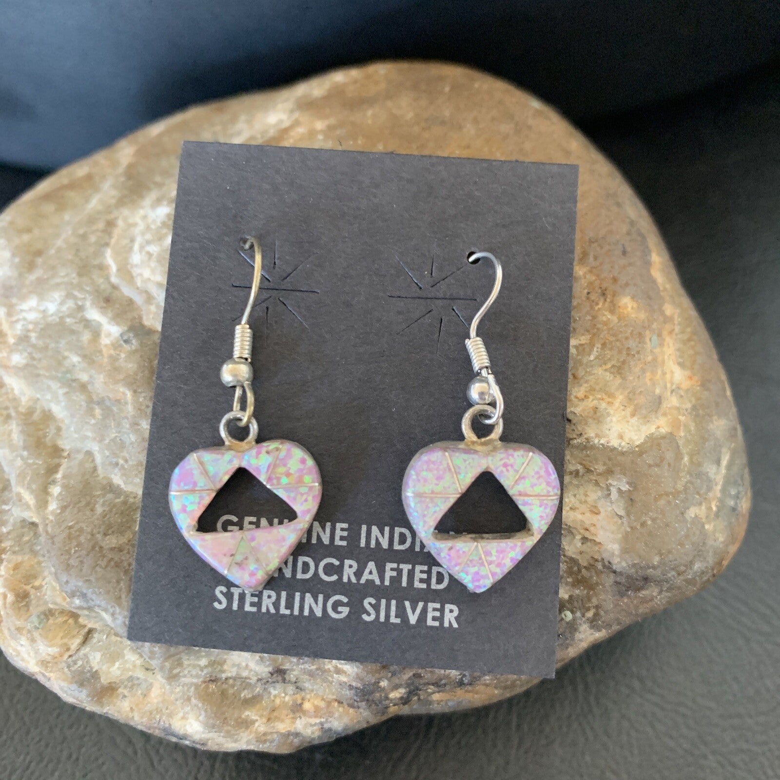 Womens Pink Opal Heart Inlay Navajo Sterling Silver Dangle Drop Earrings 12763