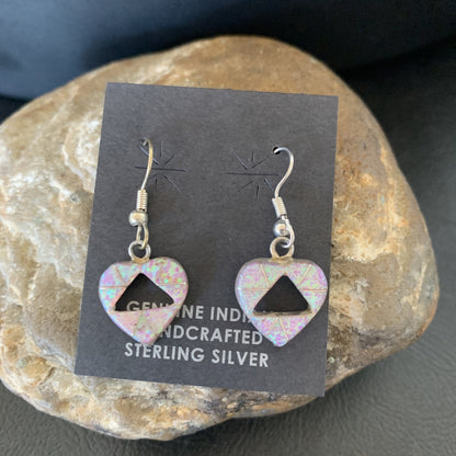 Womens Pink Opal Heart Inlay Navajo Sterling Silver Dangle Drop Earrings 12763