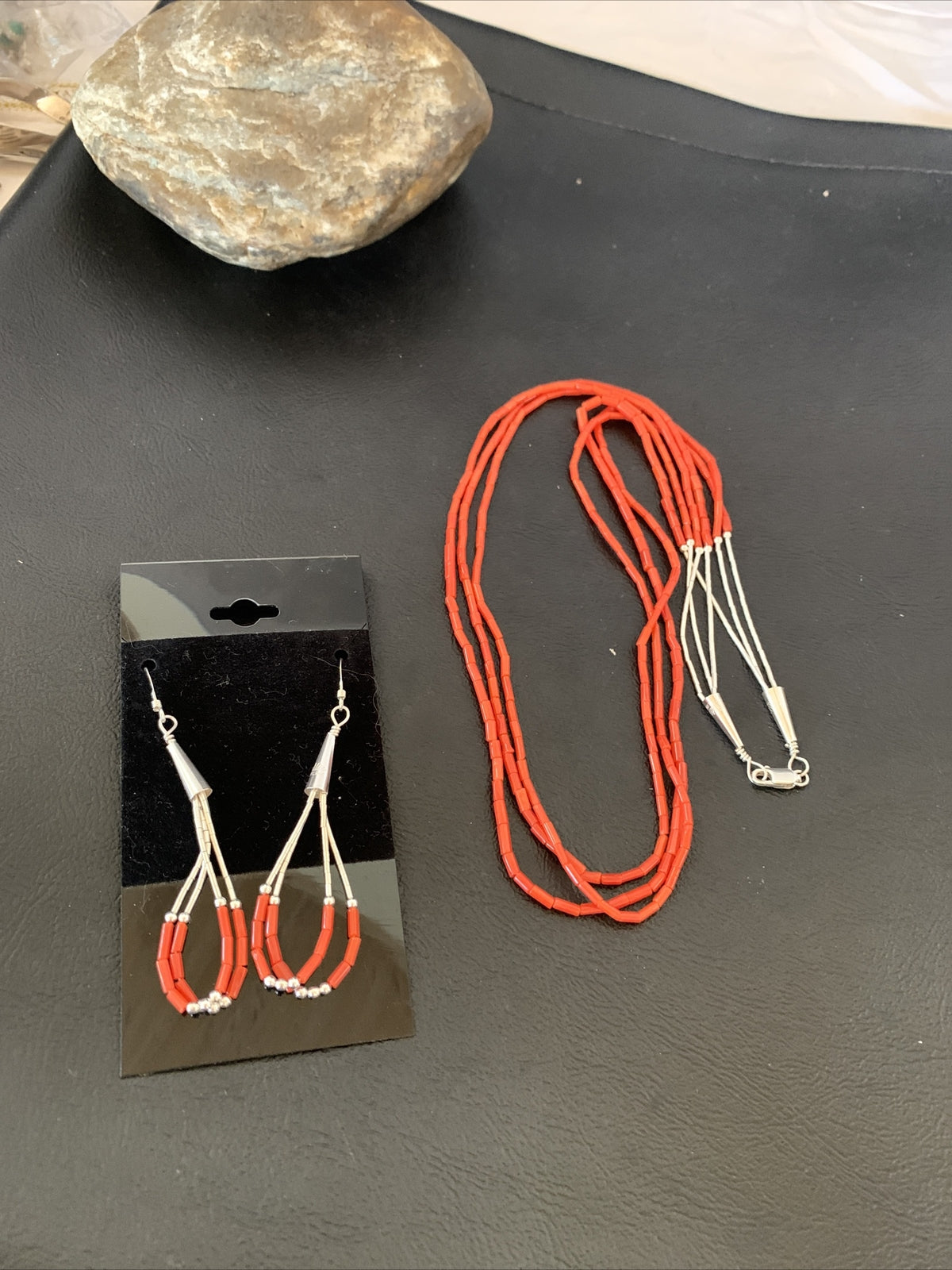 Natural Red Coral Heishi 3 Strands Sterling Silver Earrings & Necklace 20" 01218