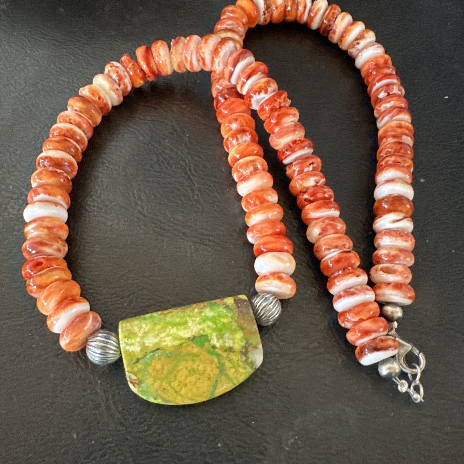 Orange Spiny  Green Turquoise Navajo Sterling Silver Pendant Necklace 20” 19636