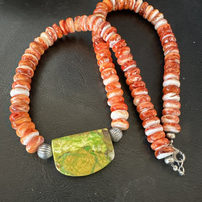 Orange Spiny  Green Turquoise Navajo Sterling Silver Pendant Necklace 20” 19636