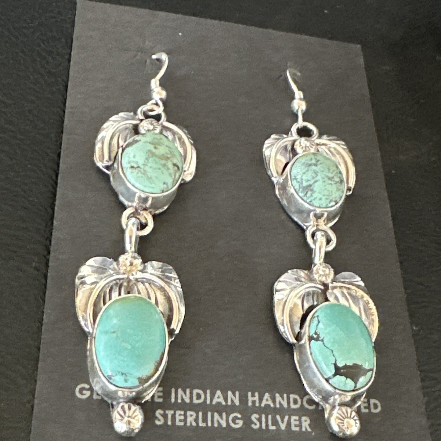 Native Navajo Green Turquoise Sterling Silver Dangle Earrings 2” 17914