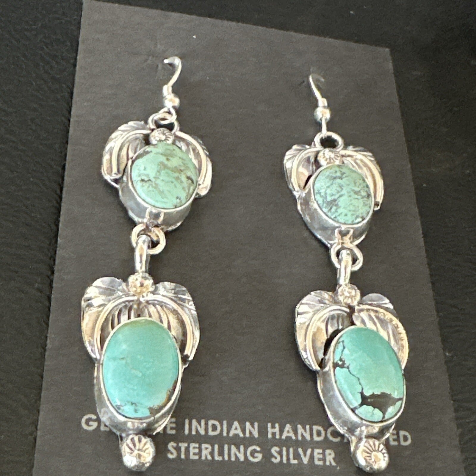 Native Navajo Green Turquoise Sterling Silver Dangle Earrings 2” 17914