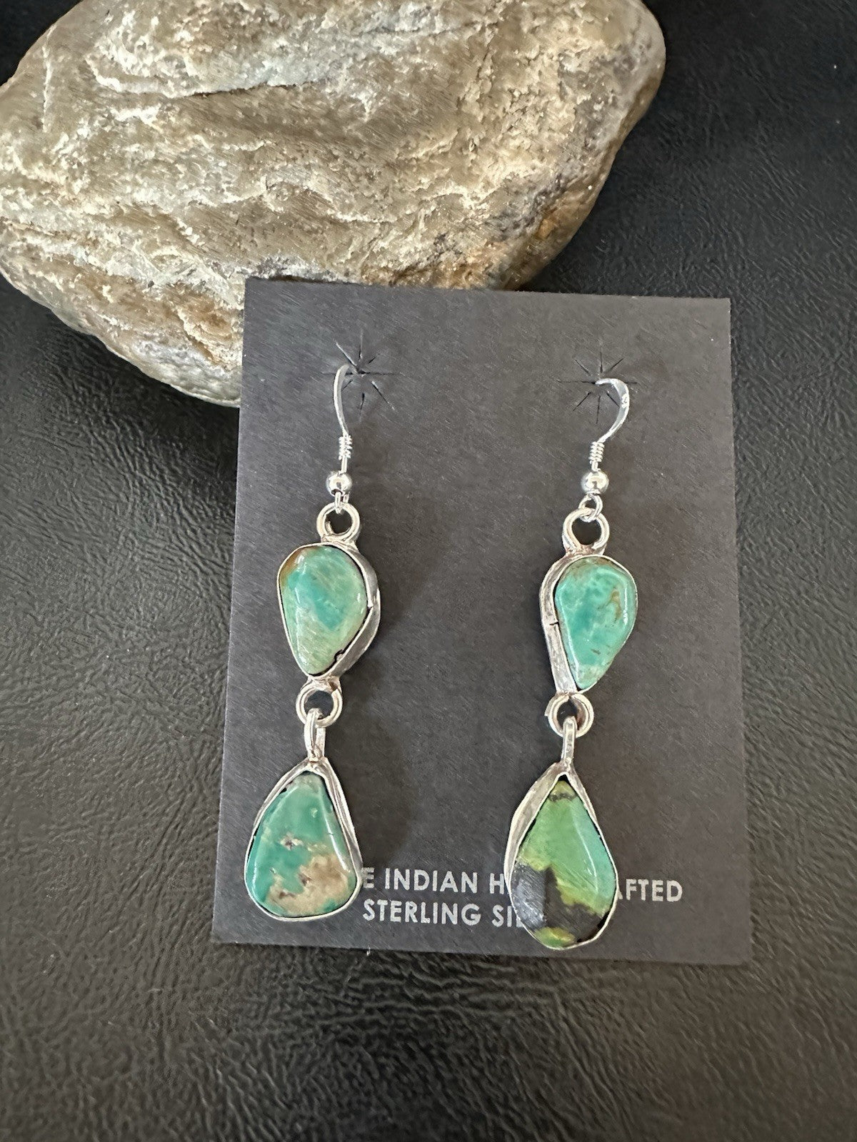 Green Royston Turquoise Navajo Sterling Silver Dangle Earrings 19370