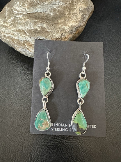 Green Royston Turquoise Navajo Sterling Silver Dangle Earrings 19370