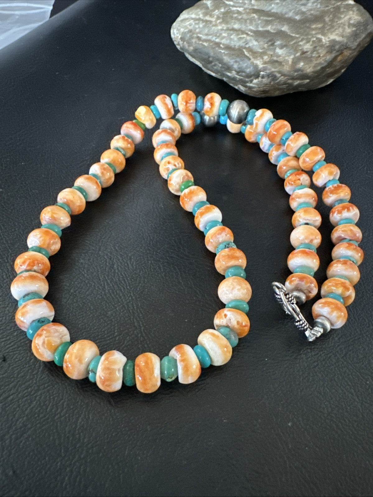 Orange Spiny Oyster Turquoise Navajo Sterling Silver Beads 22” Necklace 19164