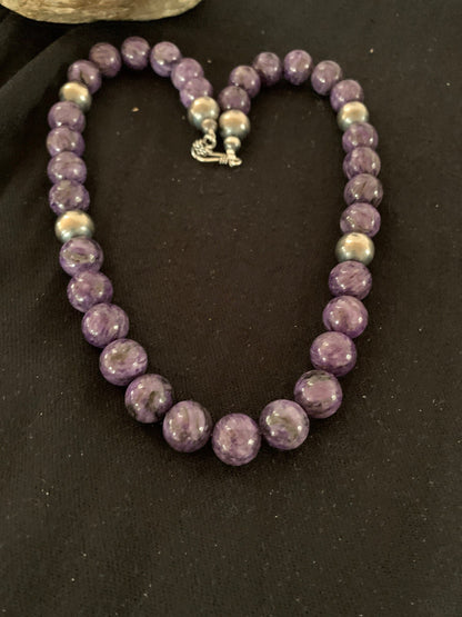 Purple Stone Bead Navajo Pearls Sterling Silver Necklace 04660