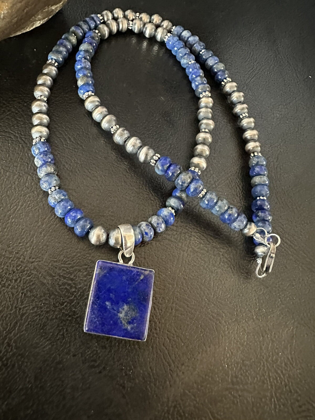 Mens Womens Blue Lapis Navajo Sterling Silver Cluster Pendant Necklace 21” 18341