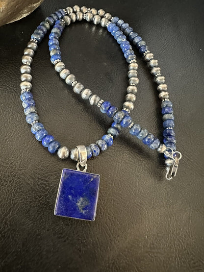 Mens Womens Blue Lapis Navajo Sterling Silver Cluster Pendant Necklace 21” 18341