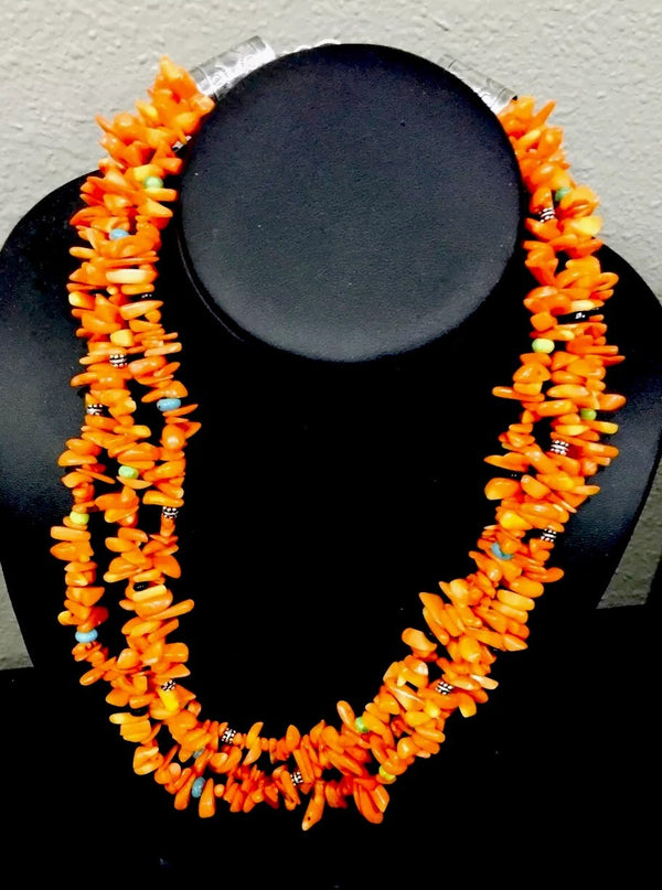 Orange Coral Turquoise Navajo 3 Strand Necklace Earrings | Authentic Native American Handmade | 372