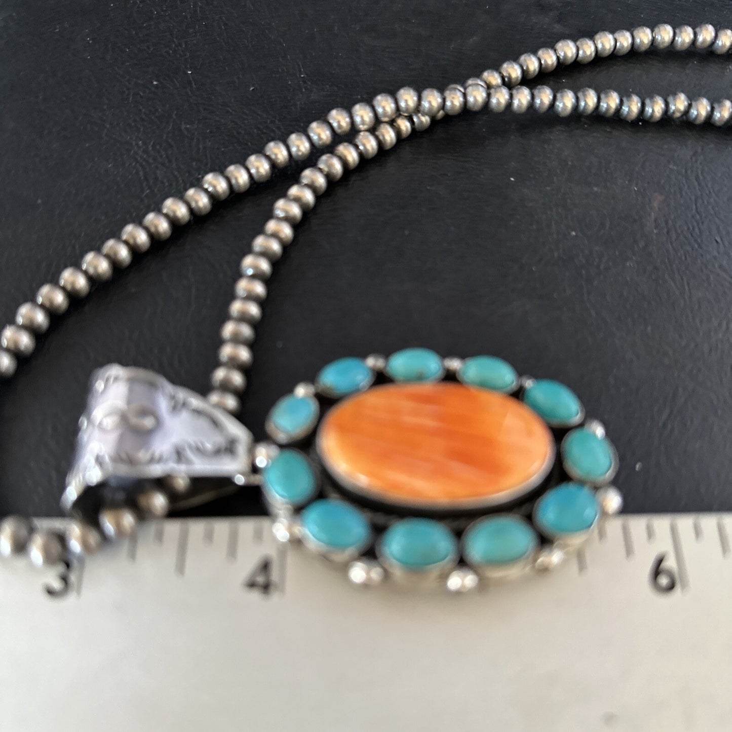 Blue Cluster Kingman Turquoise Sterling Orange Spiny Oyster Pendant 14354