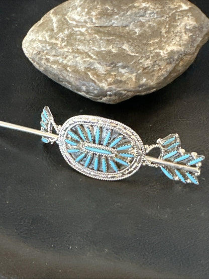 A Zuni Needle Point Sterling Silver Blue Turquoise Hair Barrette 4" 18622