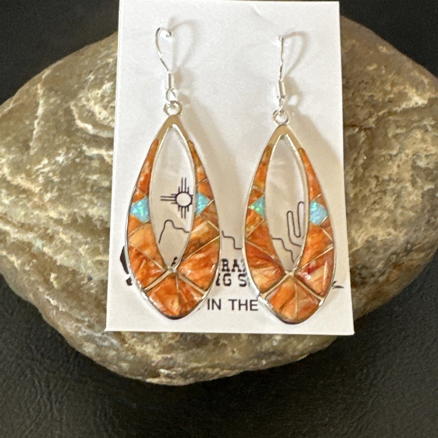 Women Opal Spiny Oyster Inlay Southwestern Sterling Silver Dangle Earrings 19136