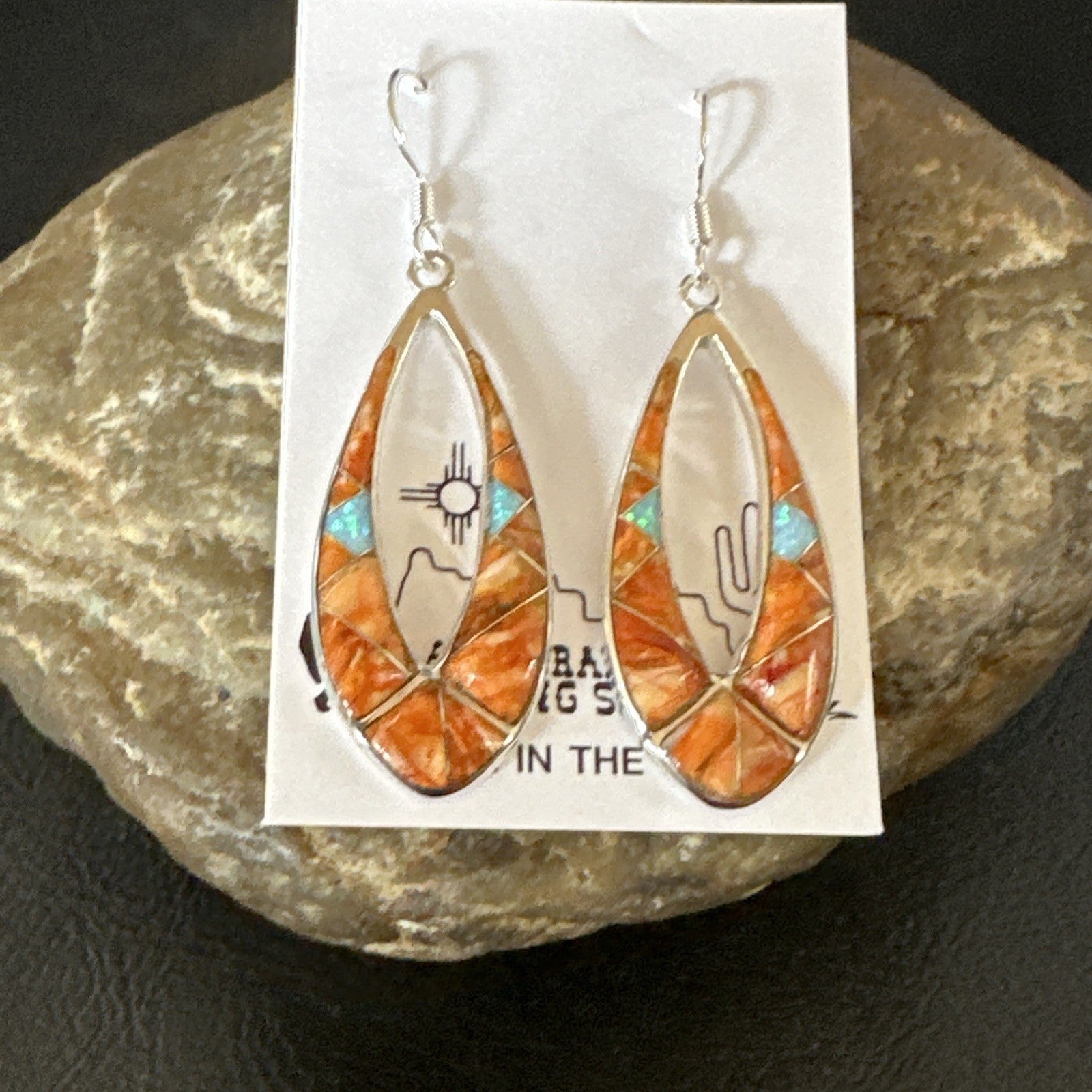 Women Opal Spiny Oyster Inlay Southwestern Sterling Silver Dangle Earrings 19136