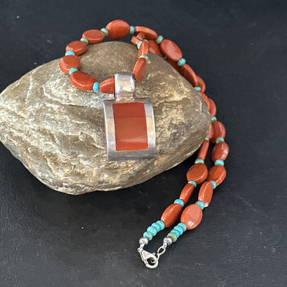 Carnelian Turquoise Navajo Pearls Sterling Silver Necklace Pendant 14375