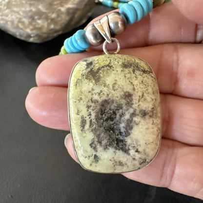 Green Gaspeite Pendant Blue Turquoise Navajo Sterling Silver Necklace 20" 19672