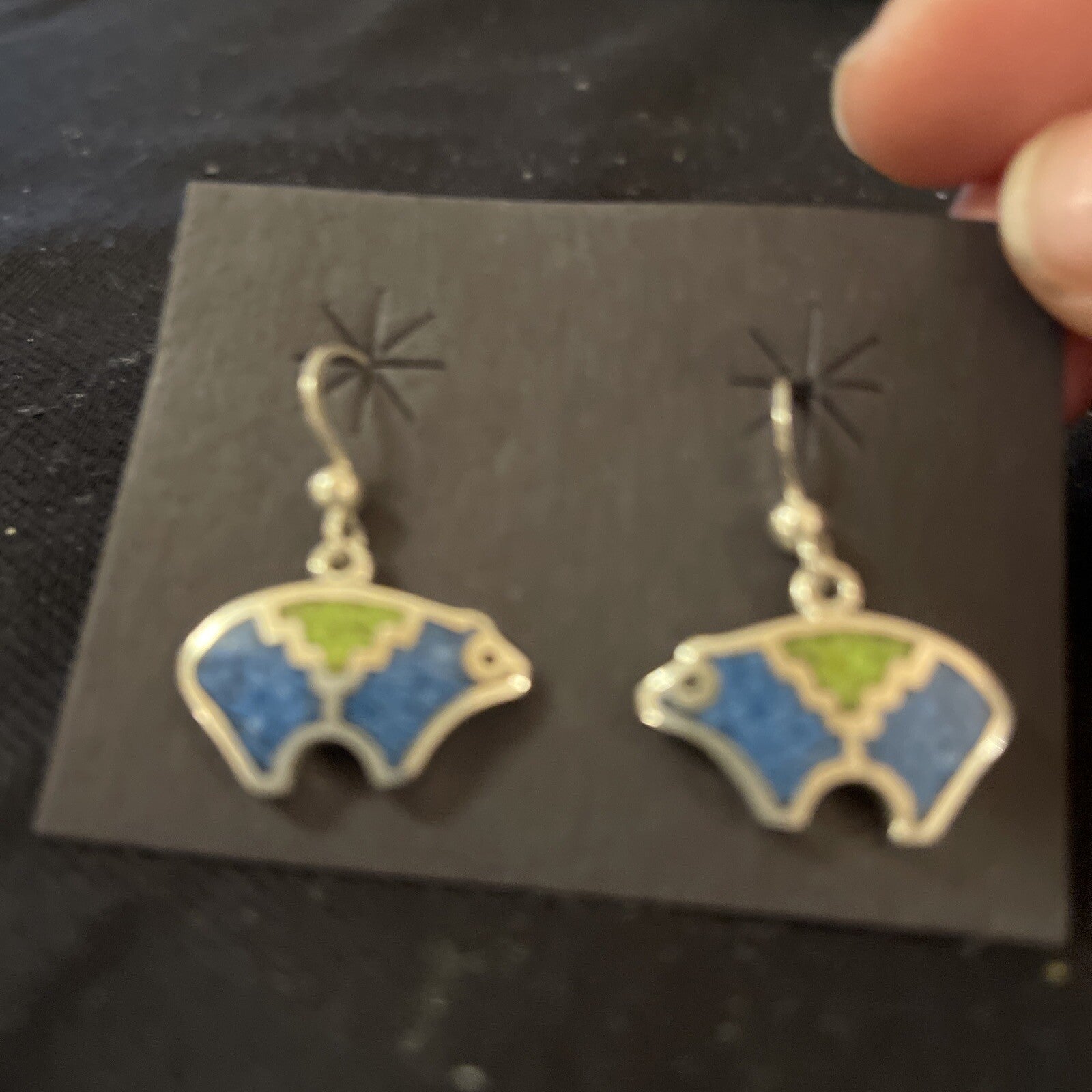 Blue Lapis & Green Turquoise Sterling Silver Bear Inlay Earrings 0.25" 01510