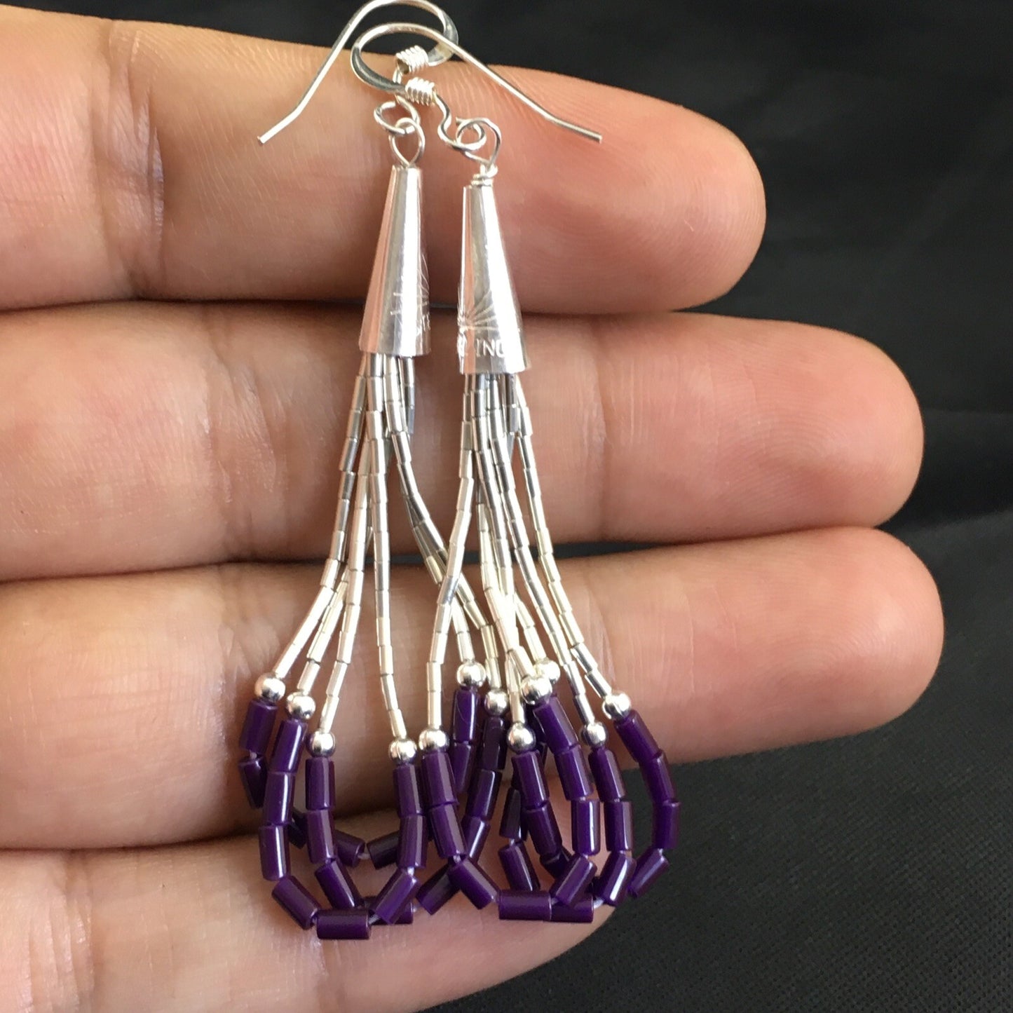 Purple Stone 3 Strands Heishi Liquid Sterling Silver Dangle Earrings 1997