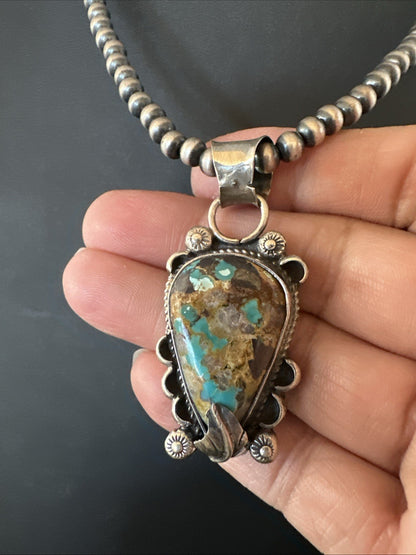 Womens Blue Turquoise Pendant Navajo Pearls Sterling Silver Necklace 19575