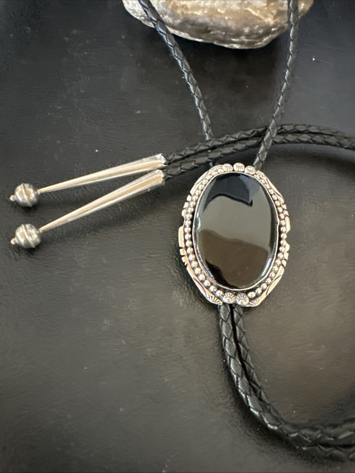Mens Black Onyx Navajo Sterling Silver Bolo Tie 18663