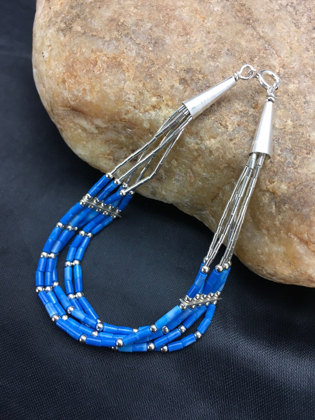 Blue Lapis Heishi 5 Strand Southwestern Liquid Sterling Silver Bracelet 7" 02935
