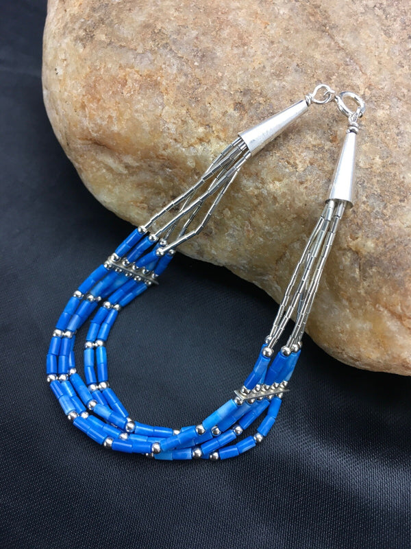 Blue Lapis Heishi 5 Strand Southwestern Liquid Bracelet 7" | Sterling Silver | Authentic Native American Handmade | 02935