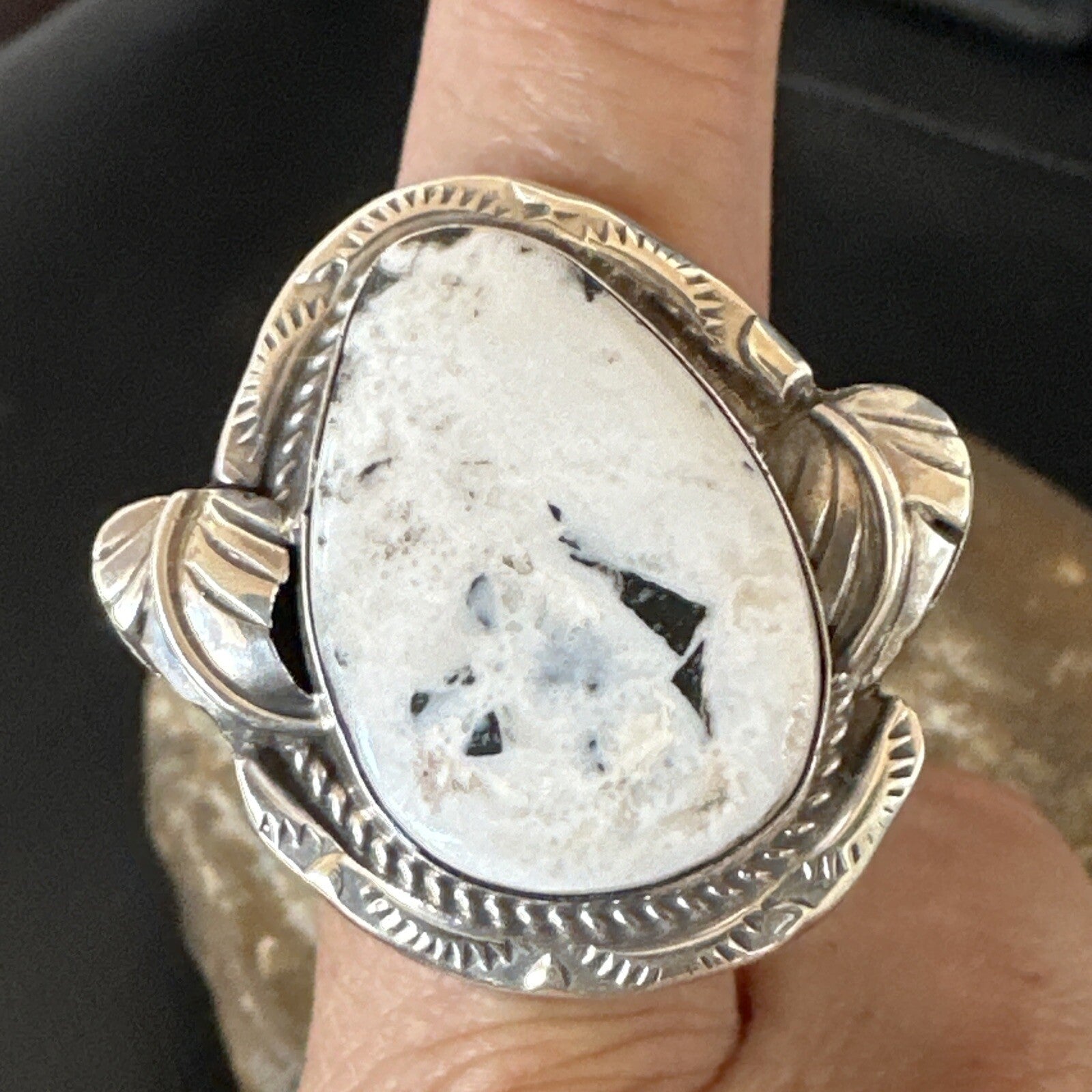 Mens Womens White Buffalo Turquoise Navajo Sterling Silver Ring Size 10 18104