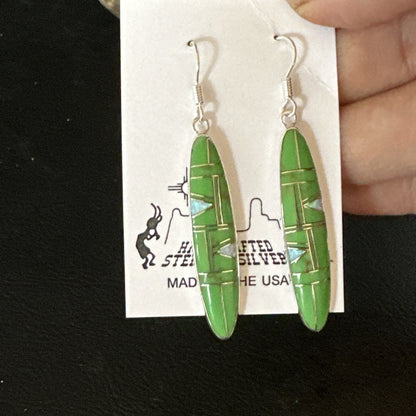 Green Gaspiete Southwestern Sterling Silver Inlay Earrings 1.5” 14933