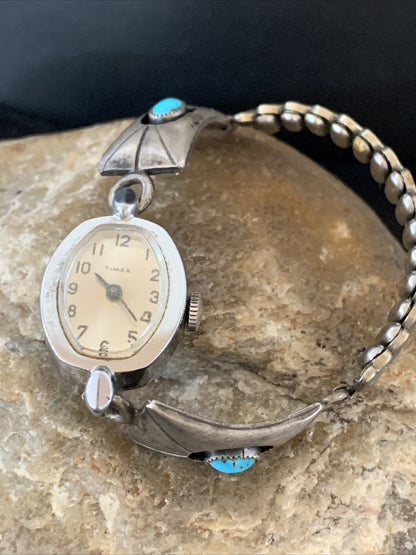 Turquoise Navajo Sterling Silver Old Pawn Shadowbox Watch Tips 01449