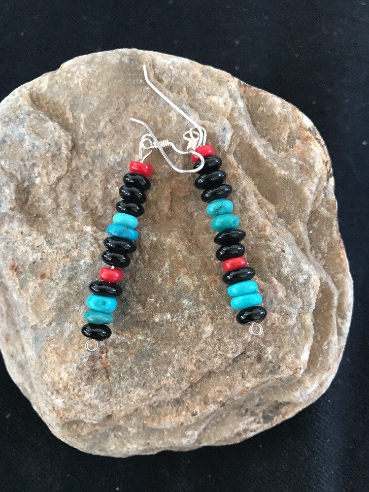 Navajo Sterling Silver Turquoise Black Onyx Coral Earrings 08334