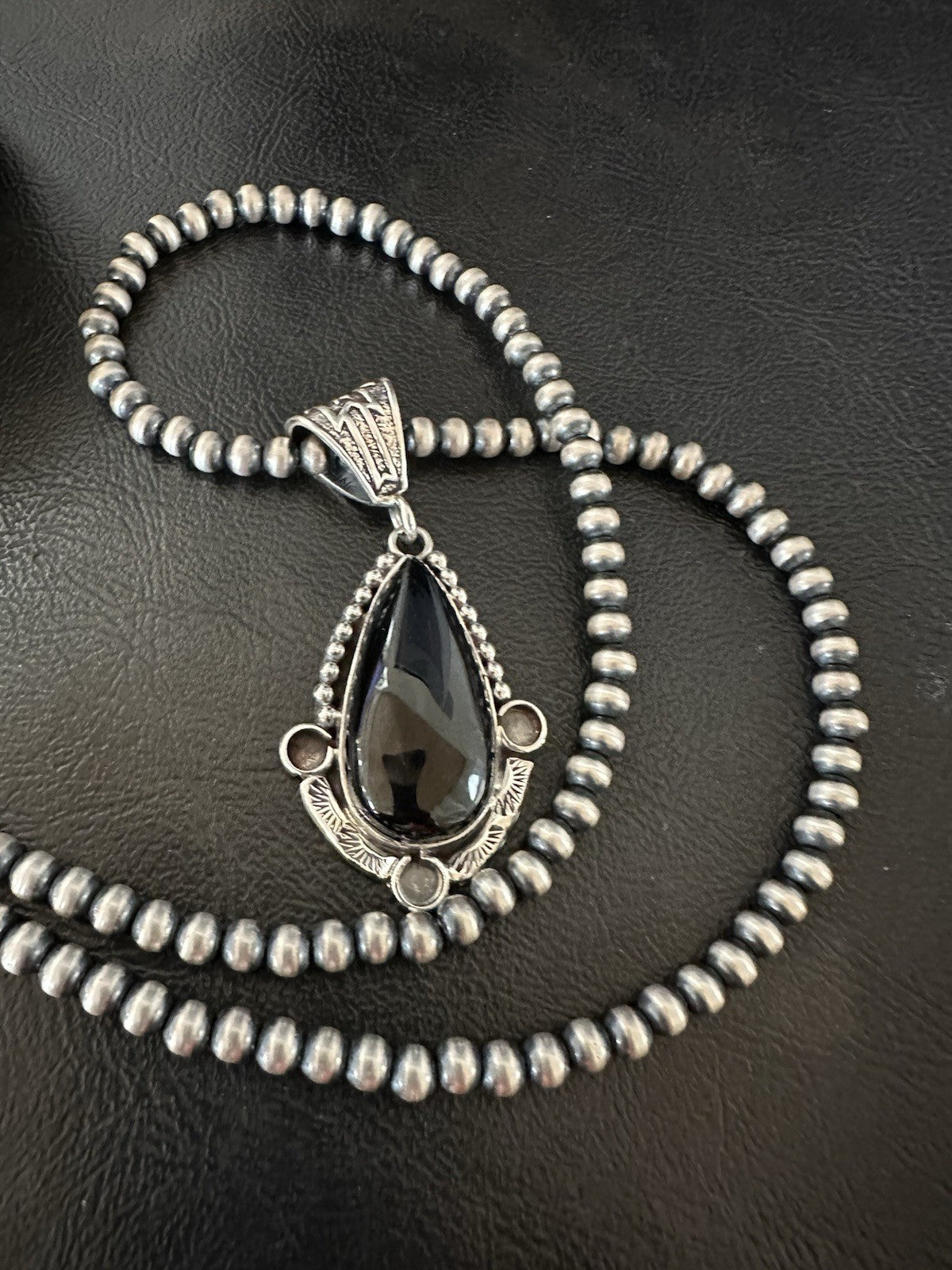 Black Onyx Pendant Navajo Pearls Sterling Silver Necklace 19385
