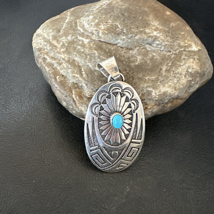 Hopi Native American Turquoise Pendant  Stamped Sterling Silver 2.5” 19686
