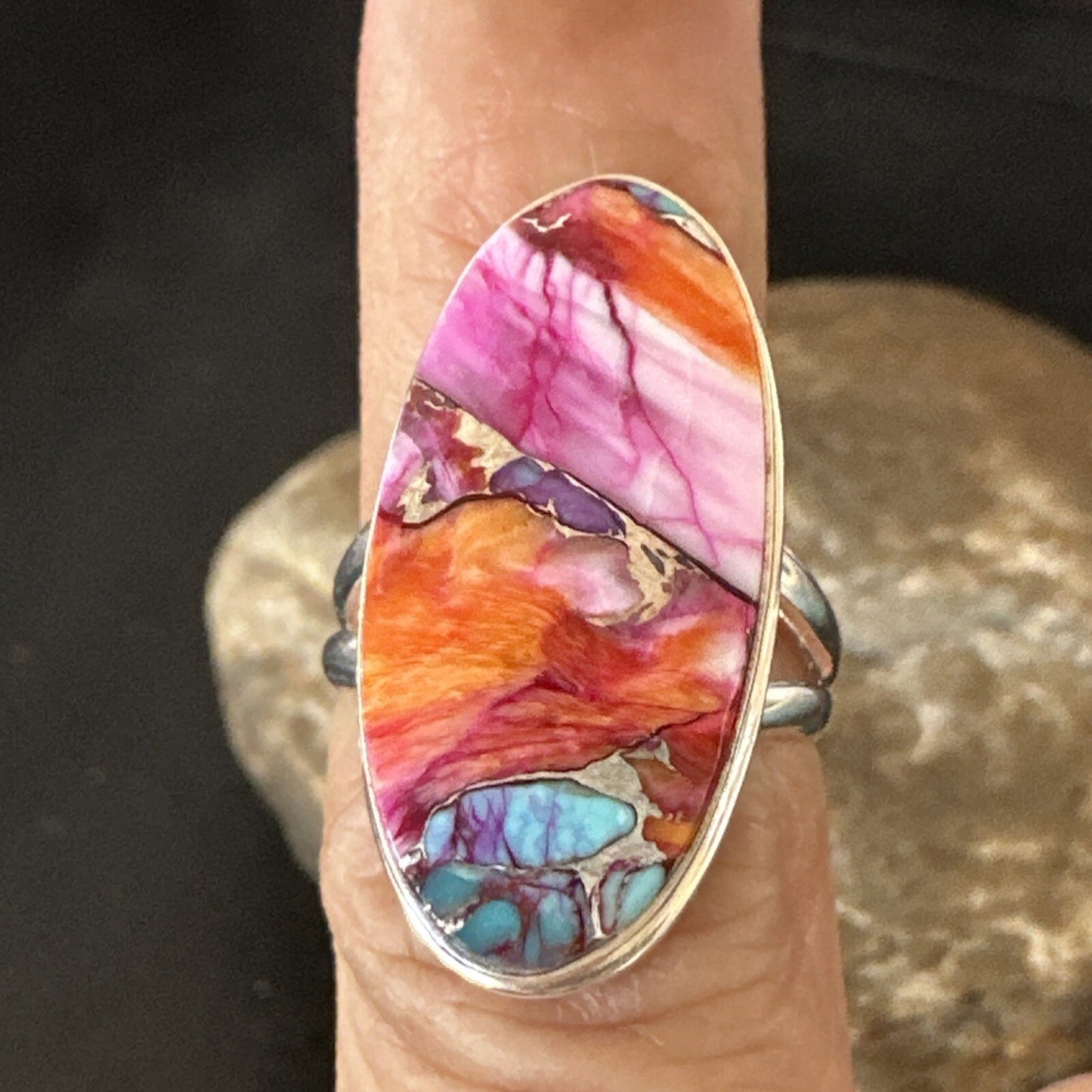 Blue Turquoise Spiny Oyster Southwestern Sterling Silver Ring Size 7 18493