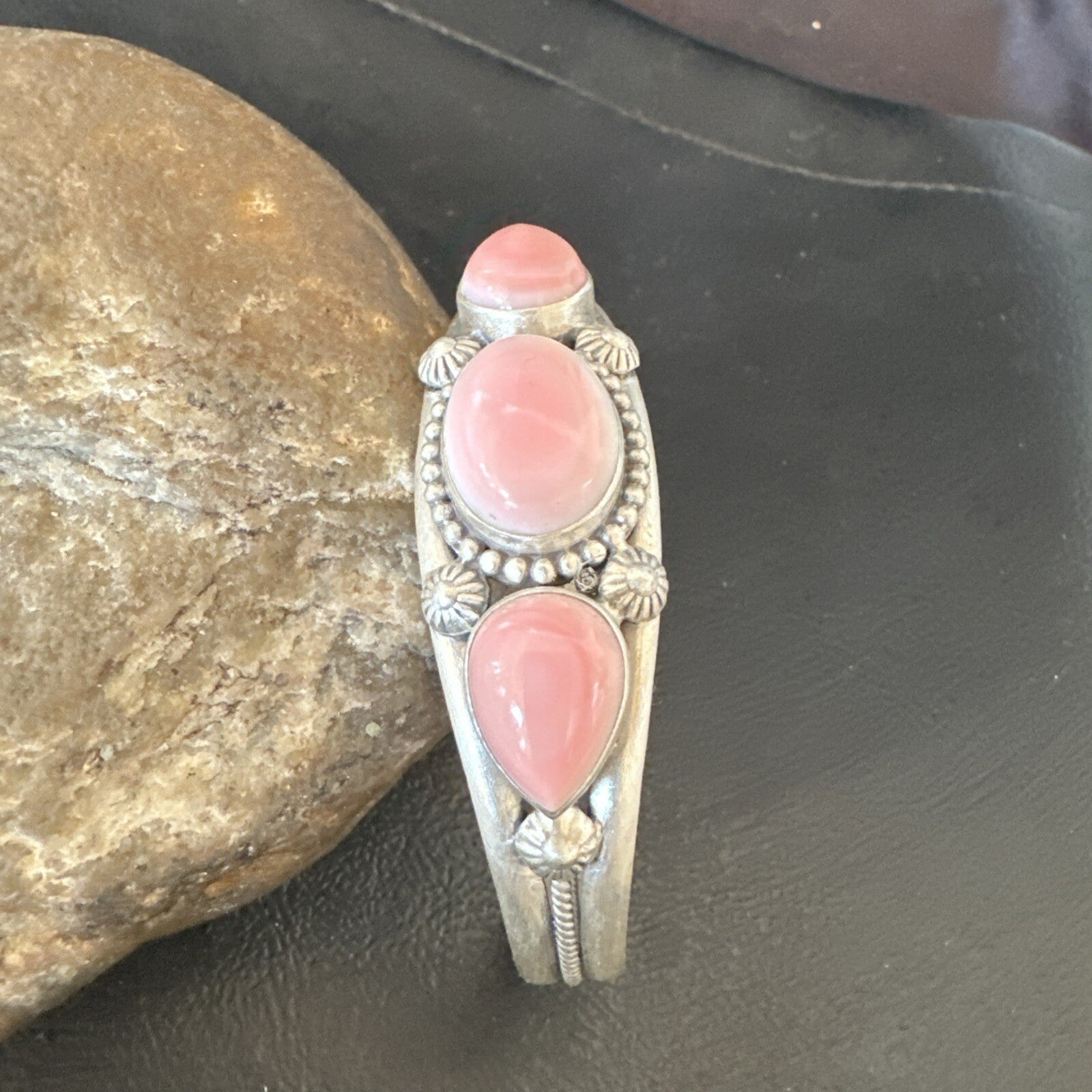 Navajo Pink Conch 3 Stone Sterling Silver Cuff Bracelet 18851