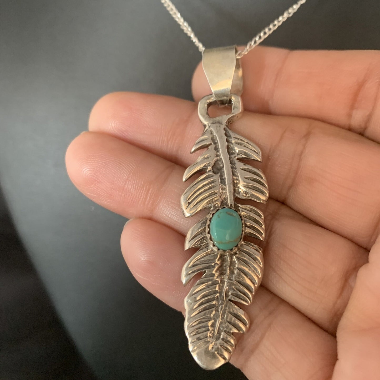 Womens Navajo Blue Turquois Sterling 16" Necklace Feather Pendant 13686