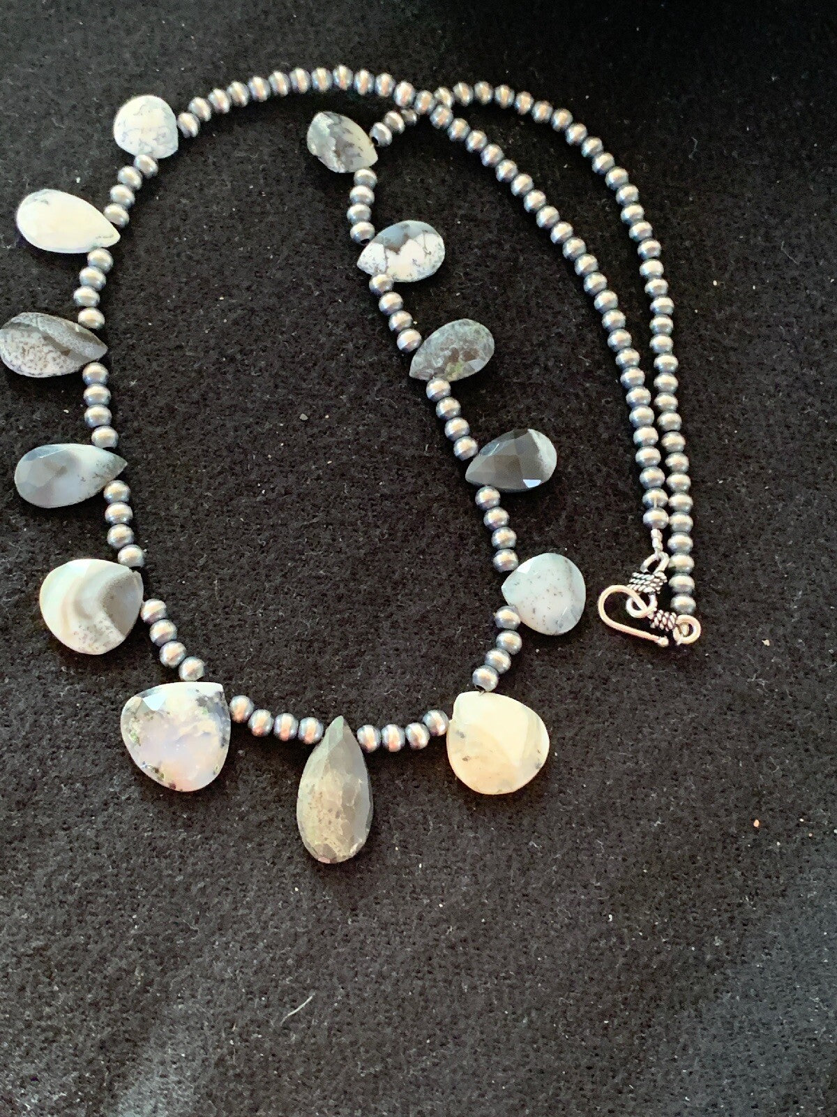 Black Rutile Opal Pear Shaped Navajo Pearls Sterling Silver Necklace 4088