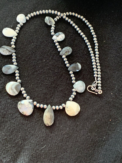Black Rutile Opal Pear Shaped Navajo Pearls Sterling Silver Necklace 4088
