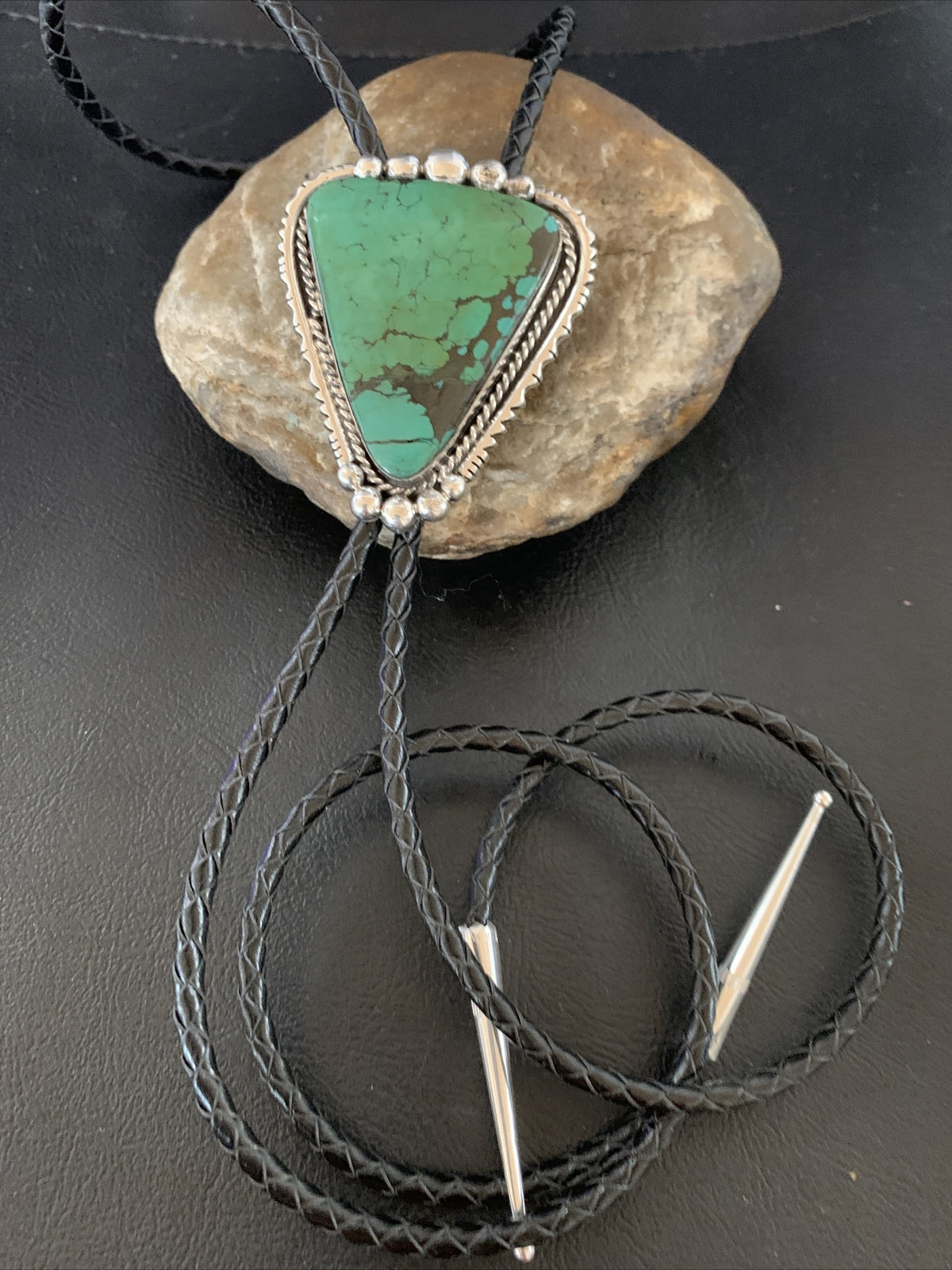 Native Mens Green Spider Web Turquoise Navajo Sterling Silver Bolo Tie 12904