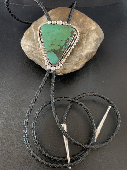 Native Mens Green Spider Web Turquoise Navajo Sterling Silver Bolo Tie 12904