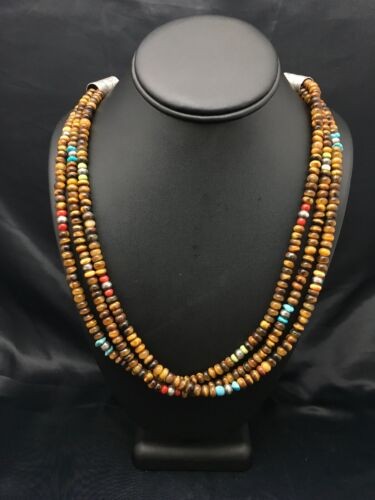 Navajo Tiger's Eye & Turquoise 3 Strand Necklace Sterling Silver 26" 4174
