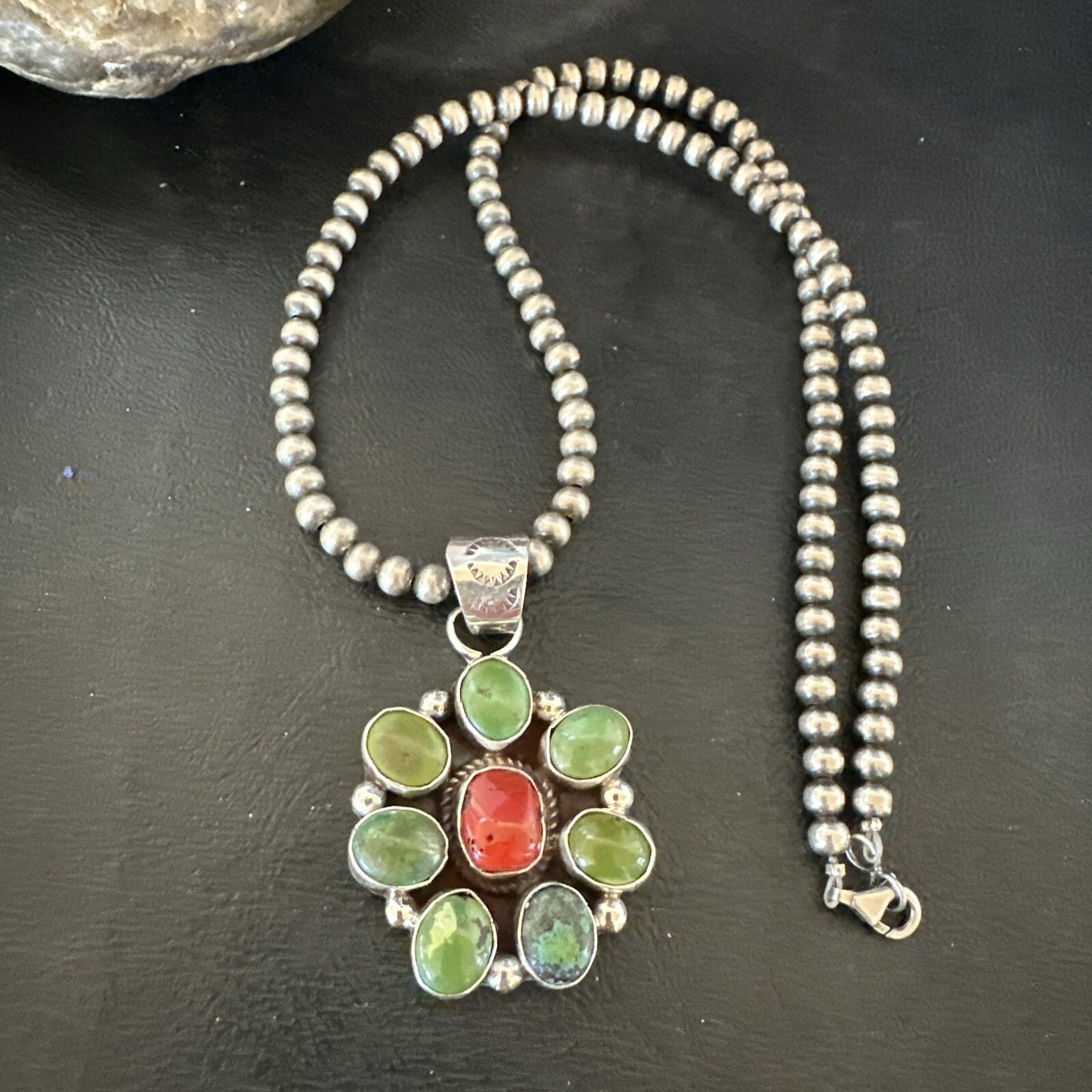 Navajo Sterling Cluster Red Turquoise Pendant Necklace 17713
