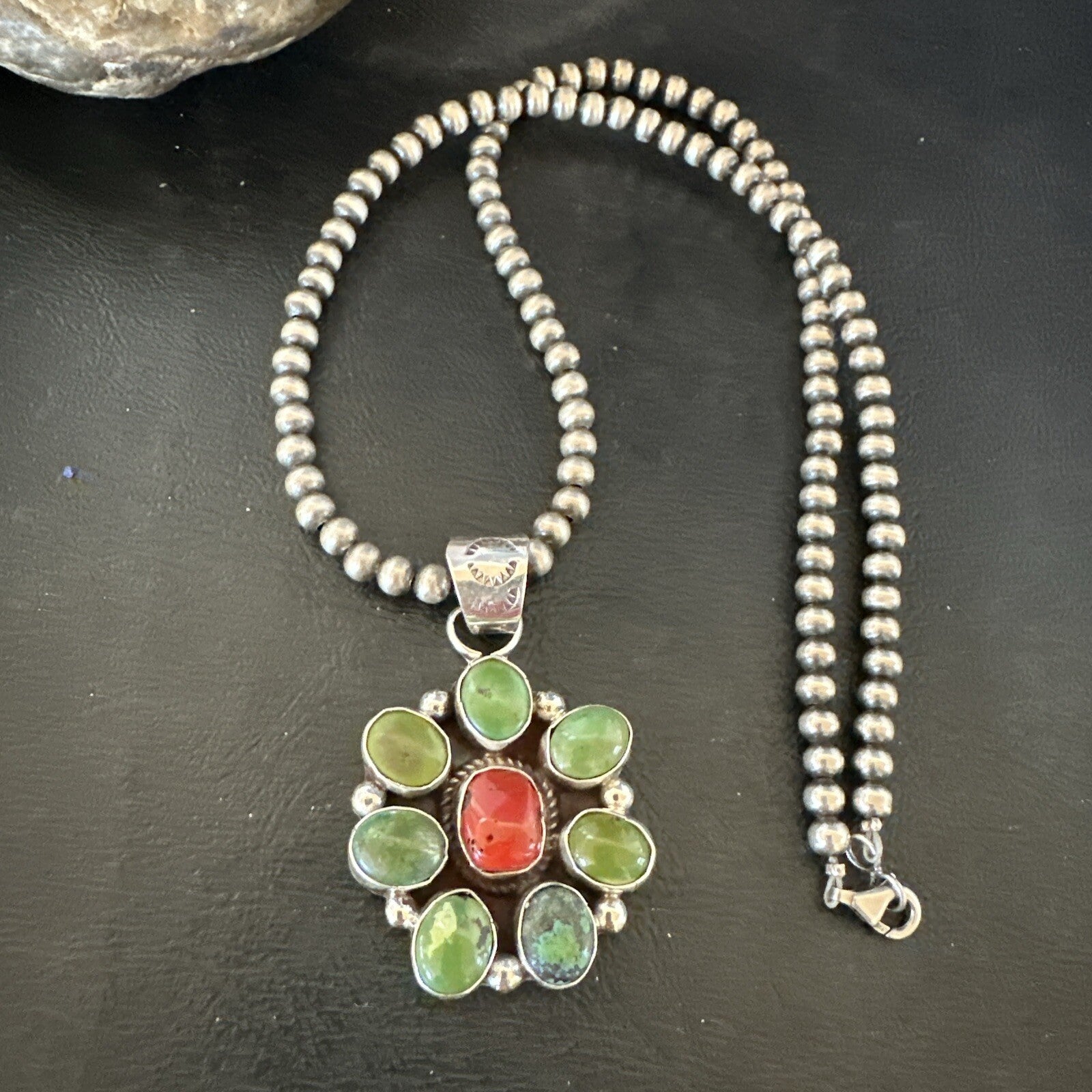 Navajo Sterling Cluster Red Turquoise Pendant Necklace 17713