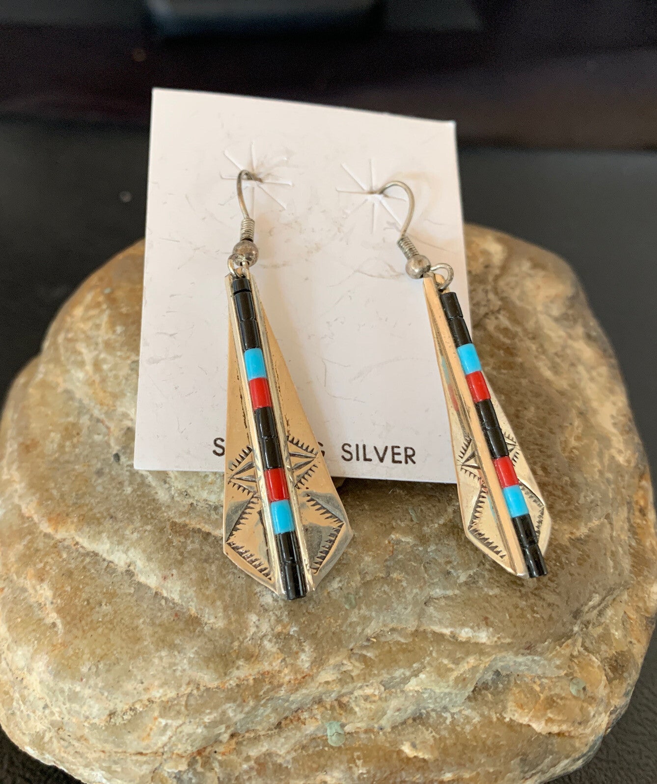 Turquoise & Coral Inlay Navajo Sterling Silver Earrings 1.5" 01710