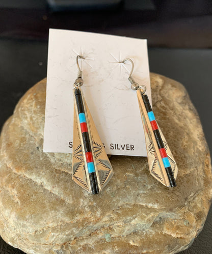 Turquoise & Coral Inlay Navajo Sterling Silver Earrings 1.5" 01710