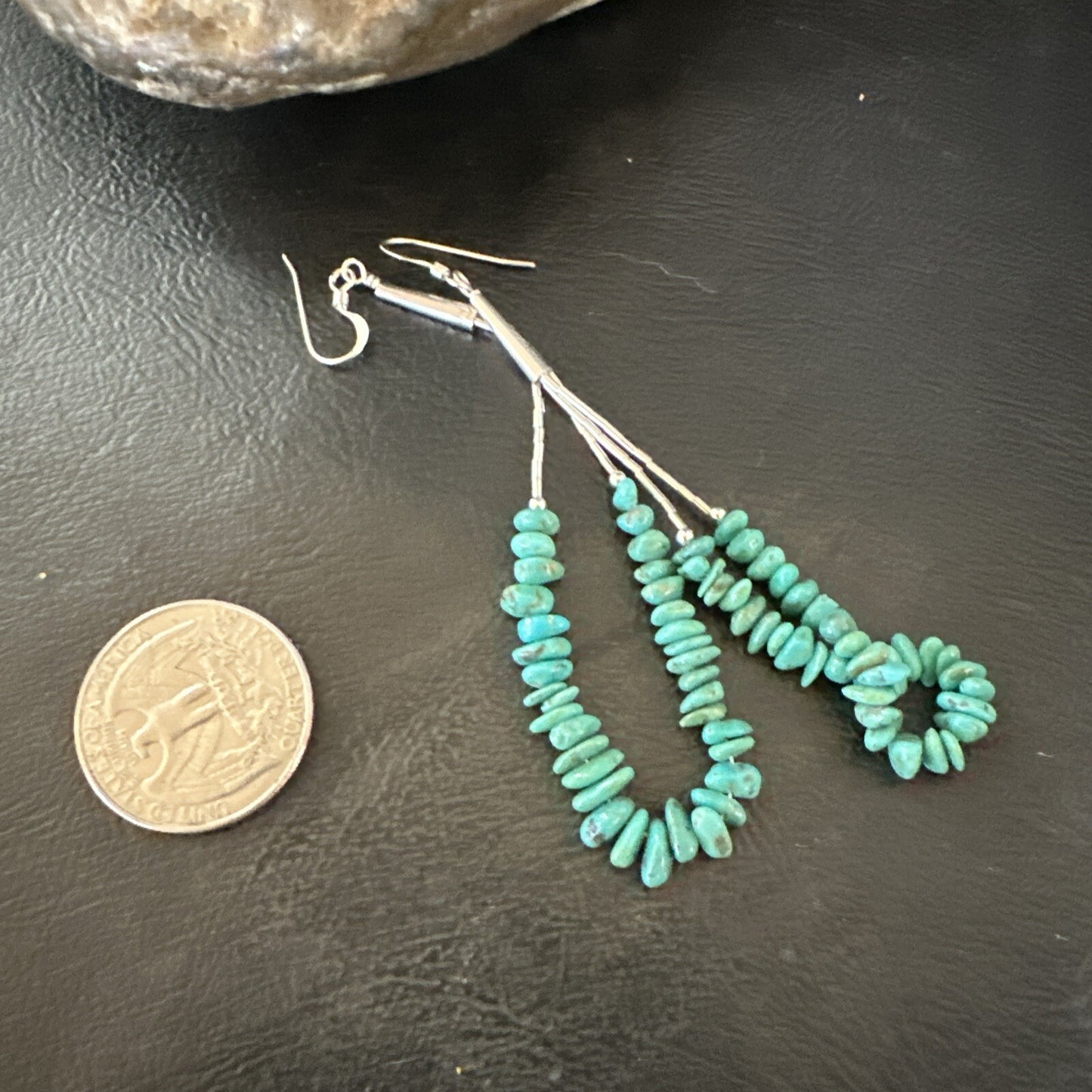 Long Blue Turquoise Nugget Bead Sterling Silver Beads Navajo Earrings 3” 18096
