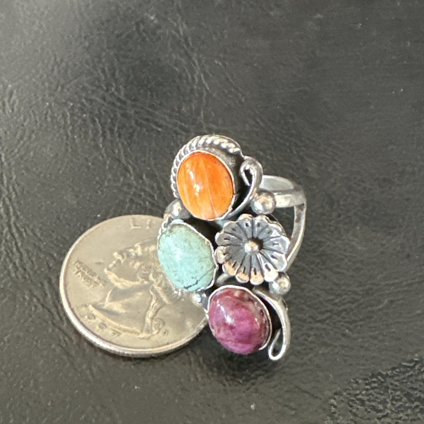 Multicolor Ring Turquoise Spiny Navajo Sterling Silver Cluster Size 8 19170