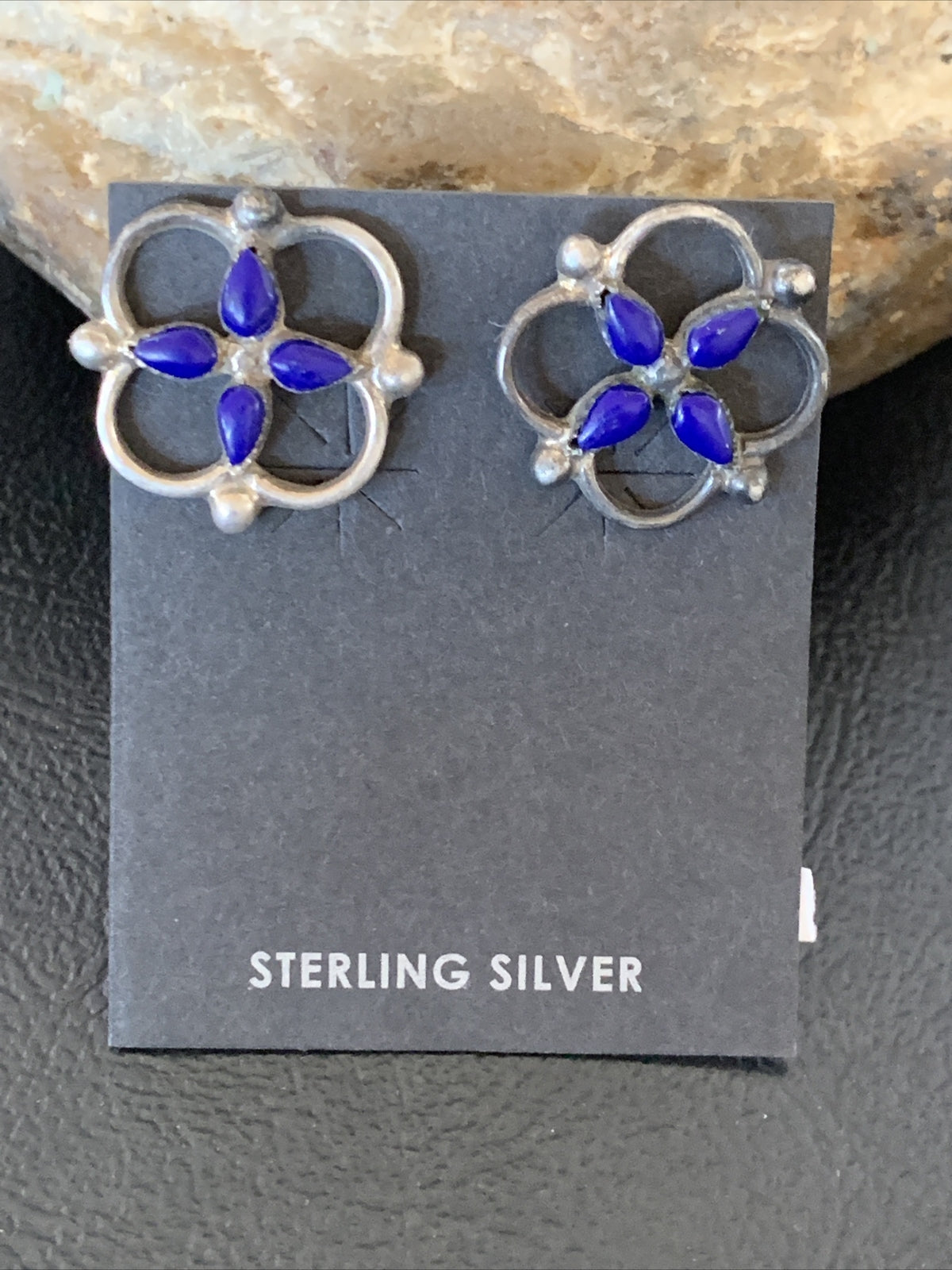 Blue Lapis Sterling Silver Multi-Stone Post Stud Inlay Earrings 0.5" 12707